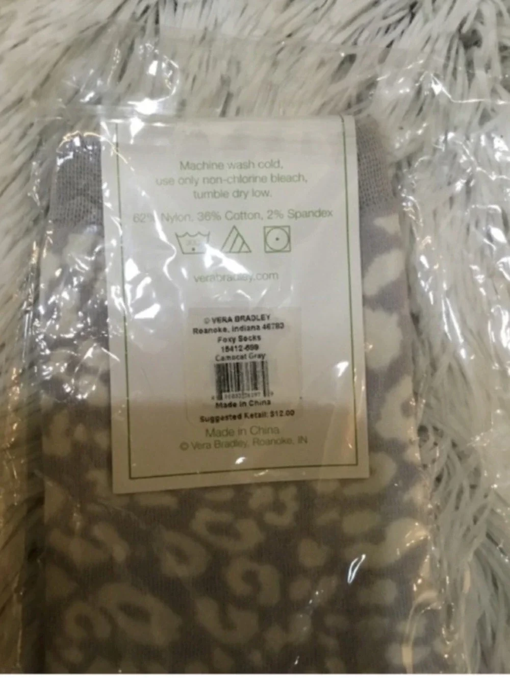 Vera Bradley Foxy Socks Camocat Gray One Size Fits Most Animal Print Crew Socks